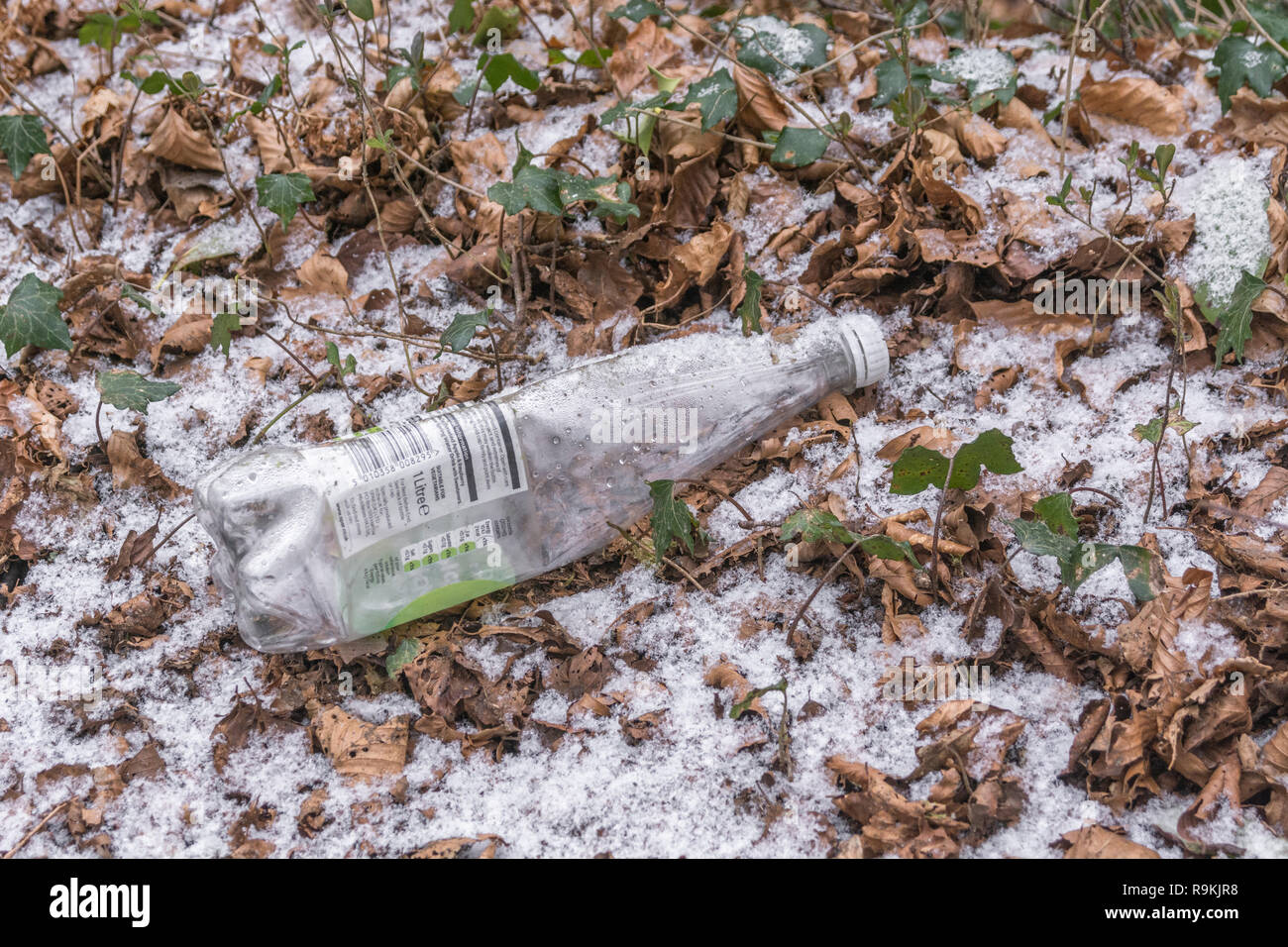 Vuoto in plastica in PTFE soft drink bottiglia scartato nelle zone rurali di siepe fosso. Metafora plastica inquinamento, inquinamento ambientale, guerra sui rifiuti in plastica. Foto Stock