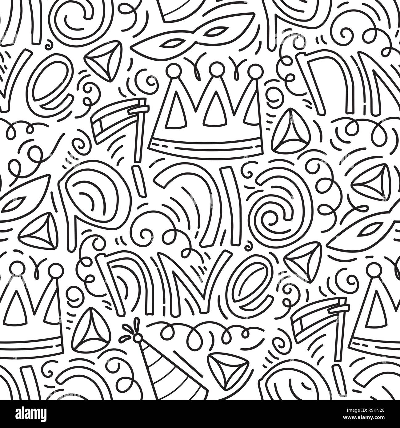 Purim seamless pattern con maschera di Carnevale, cappelli, corona, fanno rumore, hamantaschen e testo ebraico felice Purim. Bianco e nero illustrazione vettoriale in disegnati a mano stiyle scarabocchi. Illustrazione Vettoriale