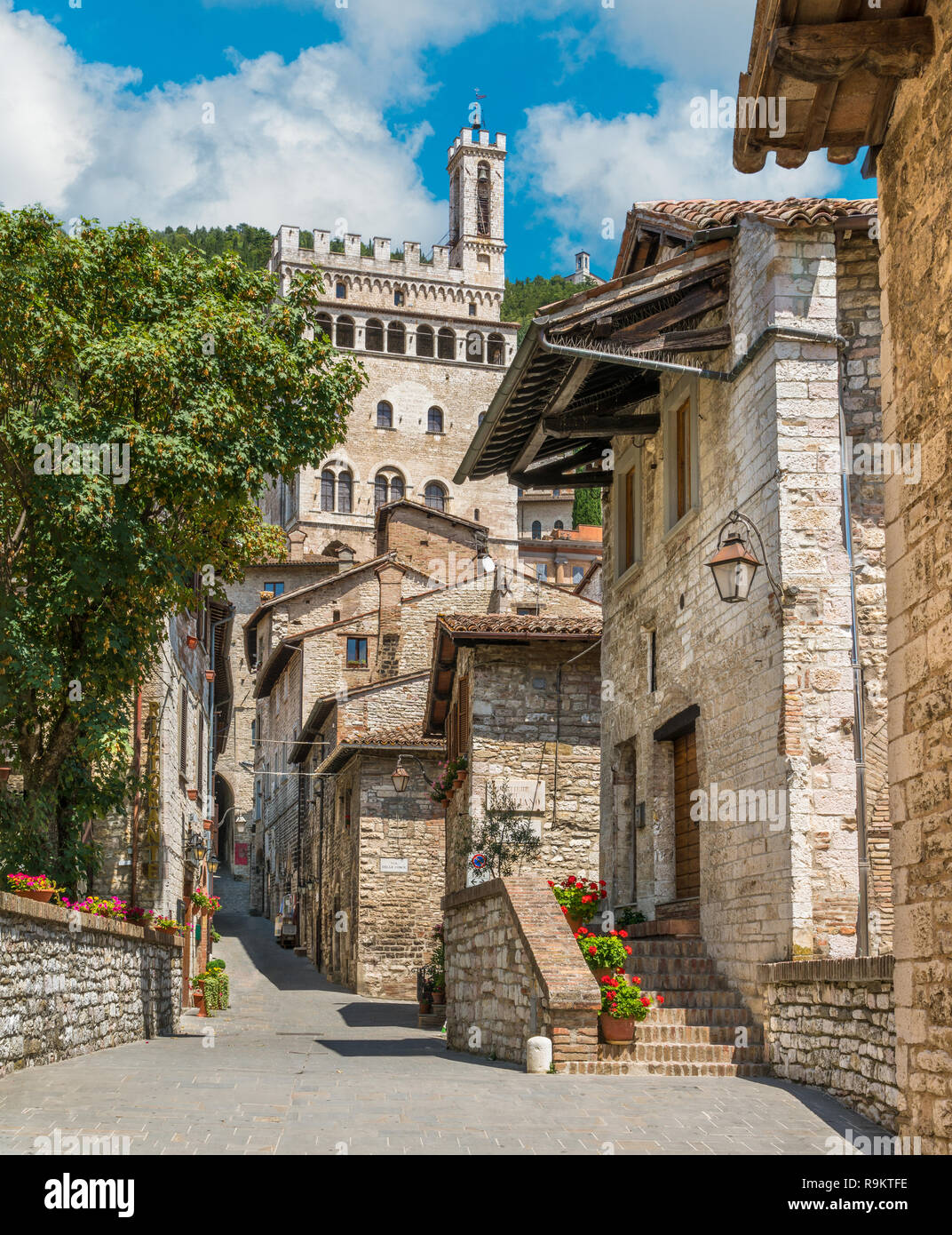 Vista panoramica a Gubbio con il Palazzo dei Consoli, città medievale in provincia di Perugia, Umbria, Italia centrale. Foto Stock