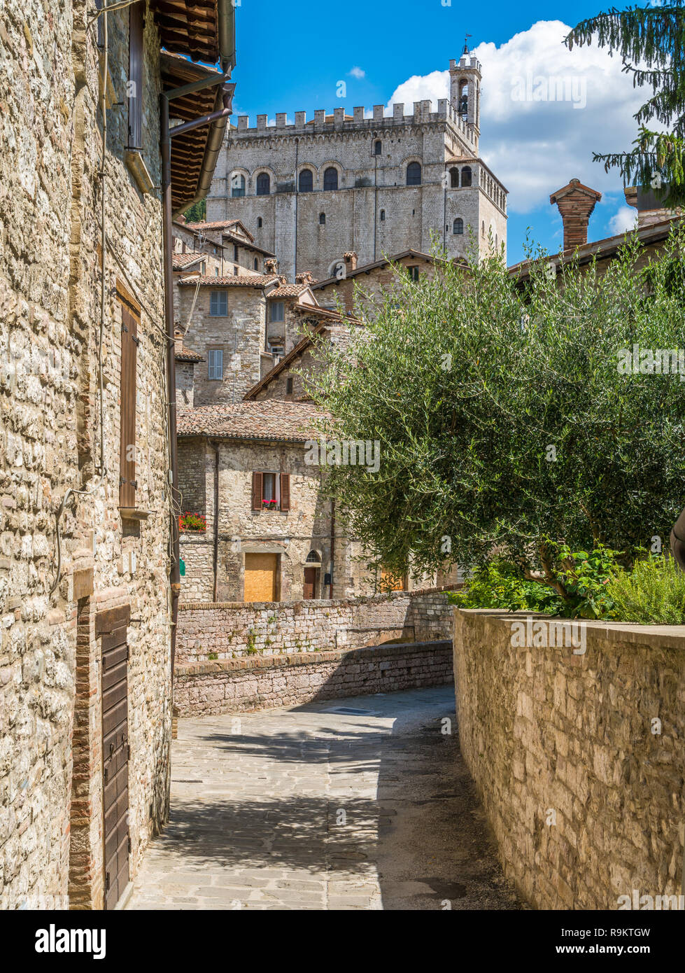 Vista panoramica a Gubbio con il Palazzo dei Consoli, città medievale in provincia di Perugia, Umbria, Italia centrale. Foto Stock