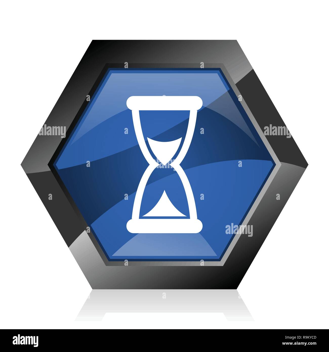 Tempo blu scuro lucido geometrica esagonale diamond vettore icona web con la riflessione su sfondo bianco. Il design moderno esagonale pulsante internet. Illustrazione Vettoriale