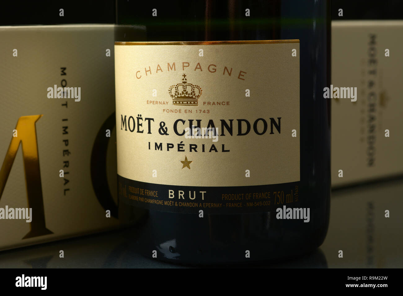 Bottiglia di Moët & Chandon. Moët & Chandon è uno dei più grandi produttori di champagne nel mondo. Fondata nel 1743, oggi detiene oltre 1500 acri di vigneti Foto Stock