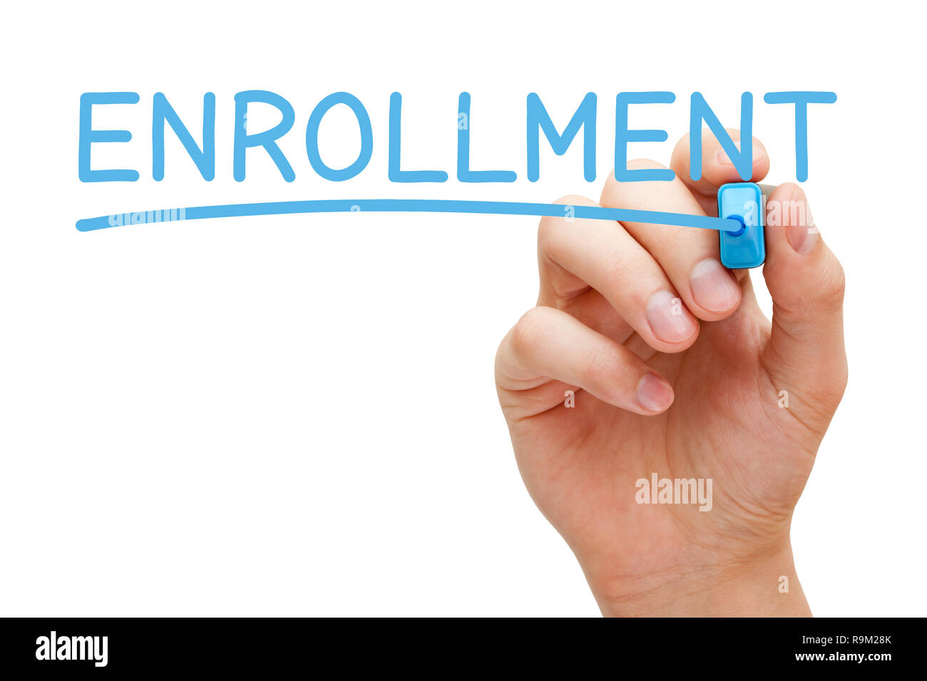 La scrittura a mano la parola Iscrizione con marcatore blu su trasparente wipe board isolato su bianco. Foto Stock