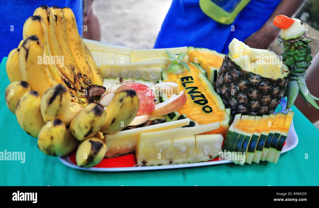 Tagliate la frutta piastra posta sul tavolo la visualizzazione di El Nido posto parola scritta con pezzi di cocomero crosta lungo con un pappagallo figura su un ananas roset Foto Stock