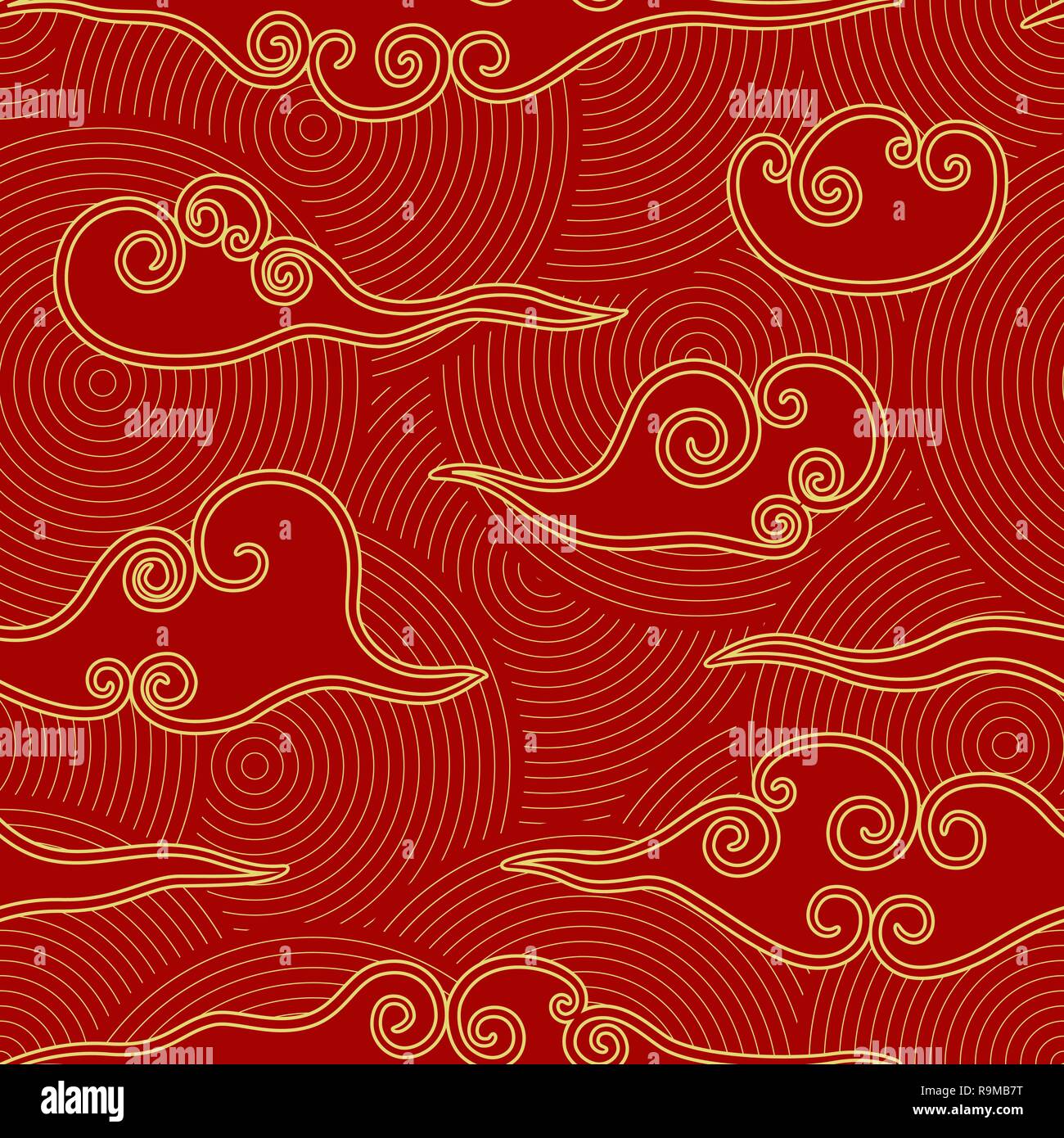 Stile cinese nuvole rosso e oro pattern senza giunture Illustrazione Vettoriale