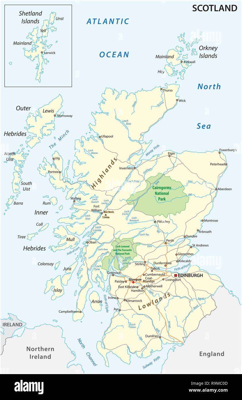 Alta Scozia dettagliata su strada e nationalpark mappa di etichettatura Illustrazione Vettoriale