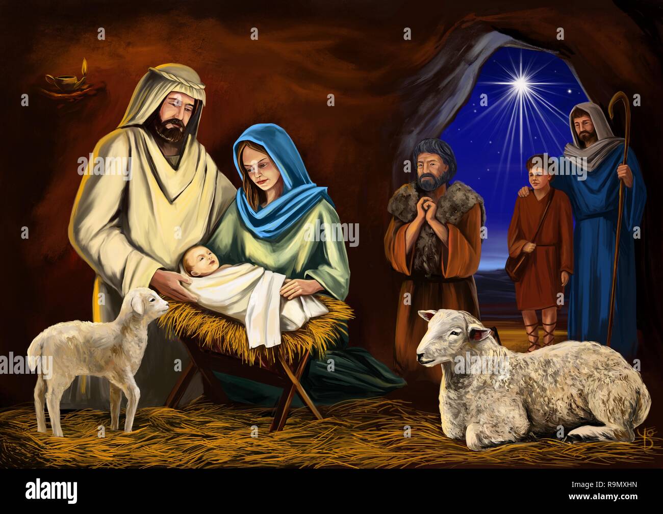 Storia di Natale. La notte di Natale, Maria, Giuseppe e il Bambino Gesù, Figlio di Dio , simbolo del cristianesimo arte Illustrazione disegnata a mano dipinta Foto Stock