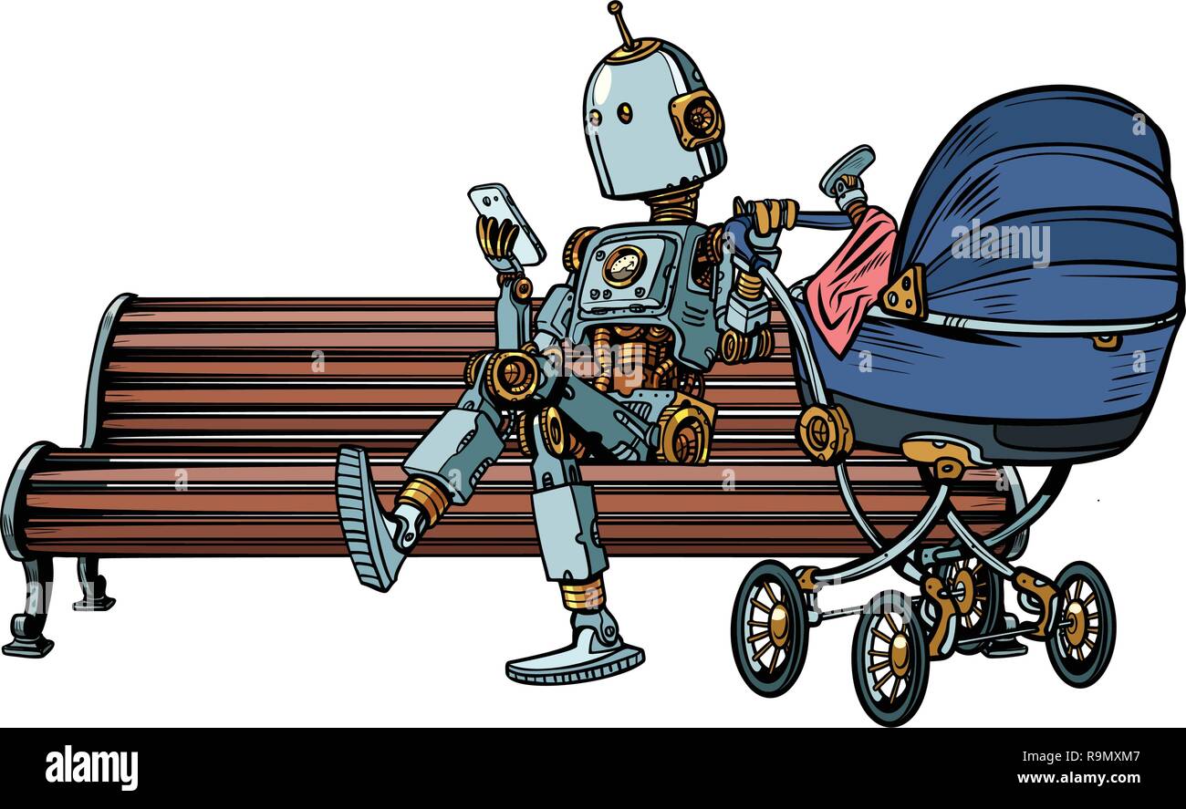 Mom Robot a riposo nel parco con un passeggino. maternità. La Pop art retrò illustrazione vettoriale kitsch vintage Illustrazione Vettoriale