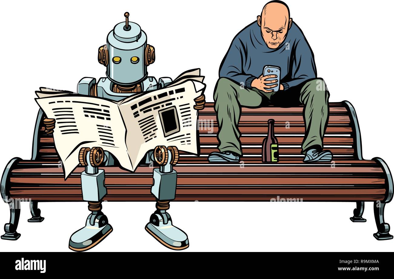 Il robot legge il giornale del mattino, un uomo ubriaco si siede accanto. La Pop art retrò illustrazione vettoriale kitsch vintage Illustrazione Vettoriale