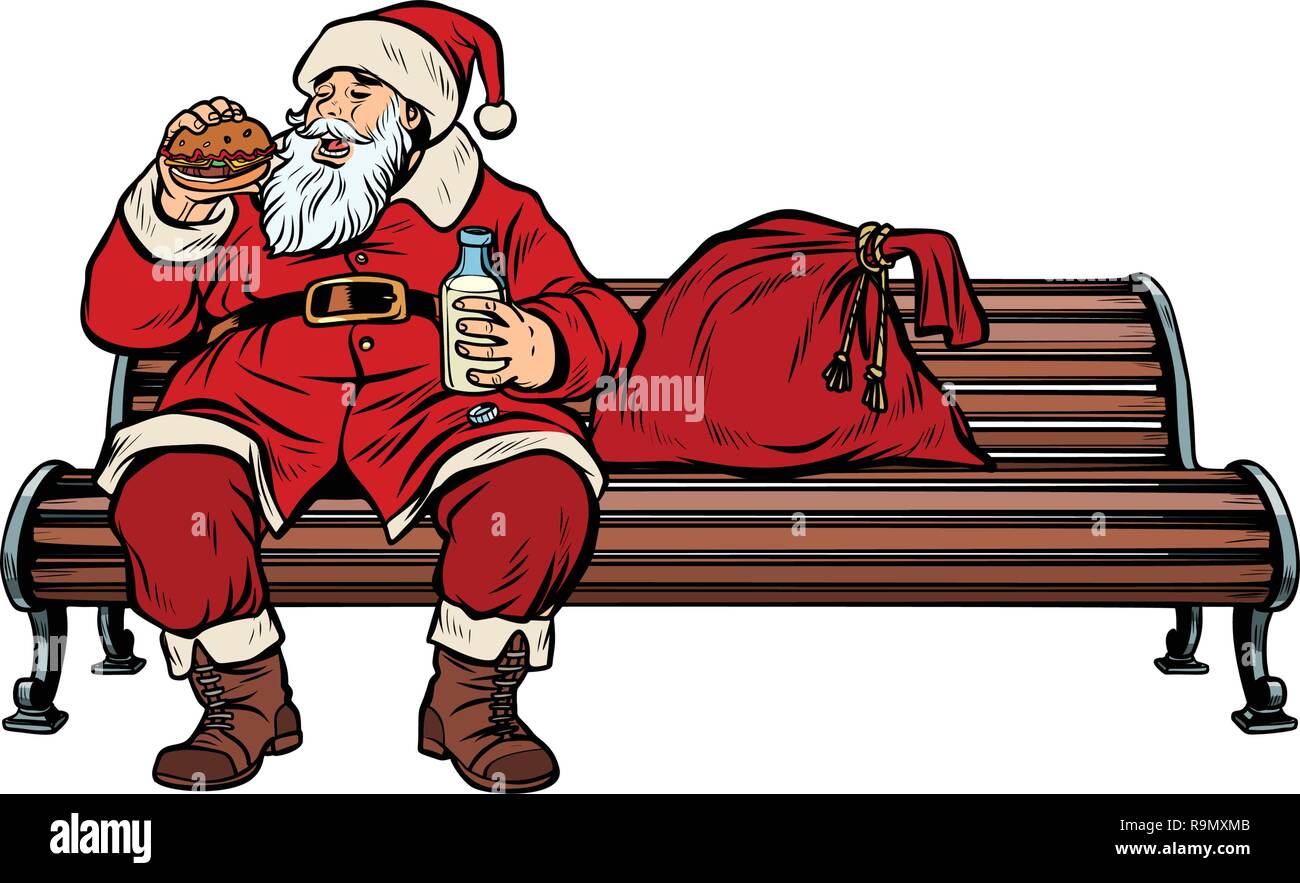 Babbo Natale mangia il fast food Burger, una panchina nel parco. La Pop art retrò illustrazione vettoriale kitsch vintage Illustrazione Vettoriale