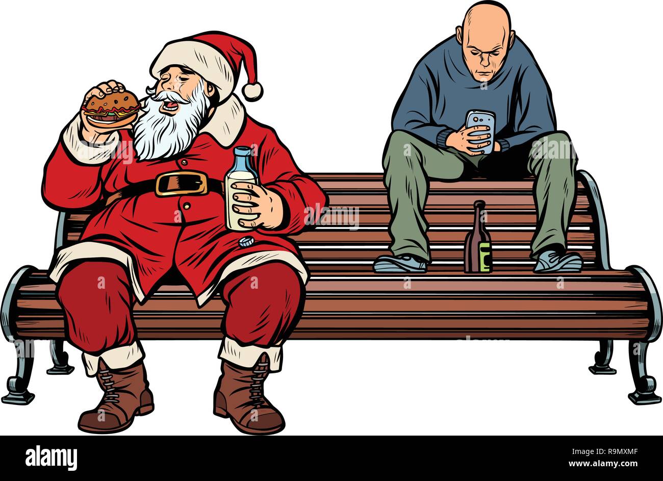 Babbo Natale mangia il fast food Burger, hooligan bevande ubriaco. La Pop art retrò illustrazione vettoriale kitsch vintage Illustrazione Vettoriale