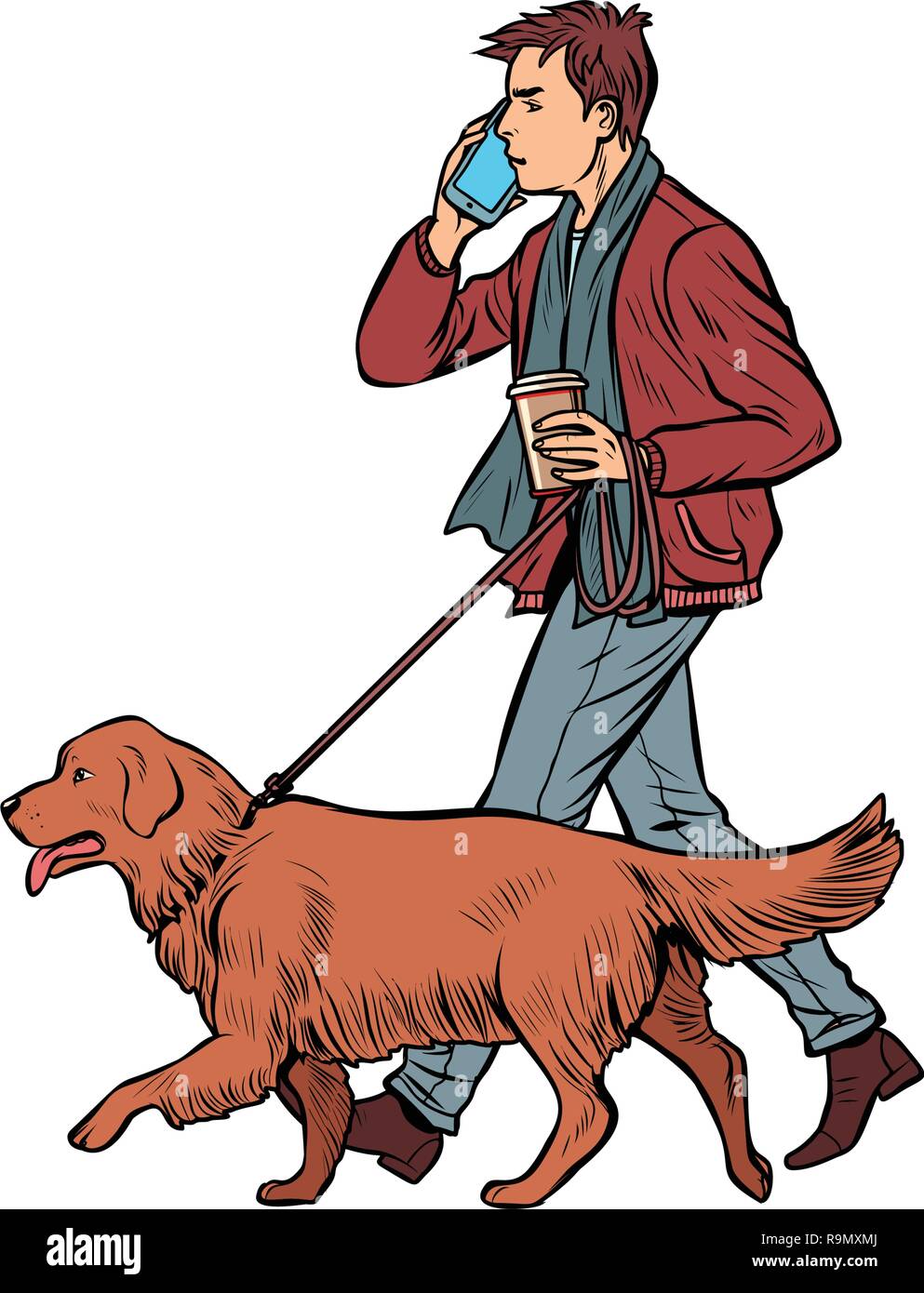 L'uomo cammina con un cane, golden retriever. La Pop art retrò illustrazione vettoriale kitsch vintage Illustrazione Vettoriale