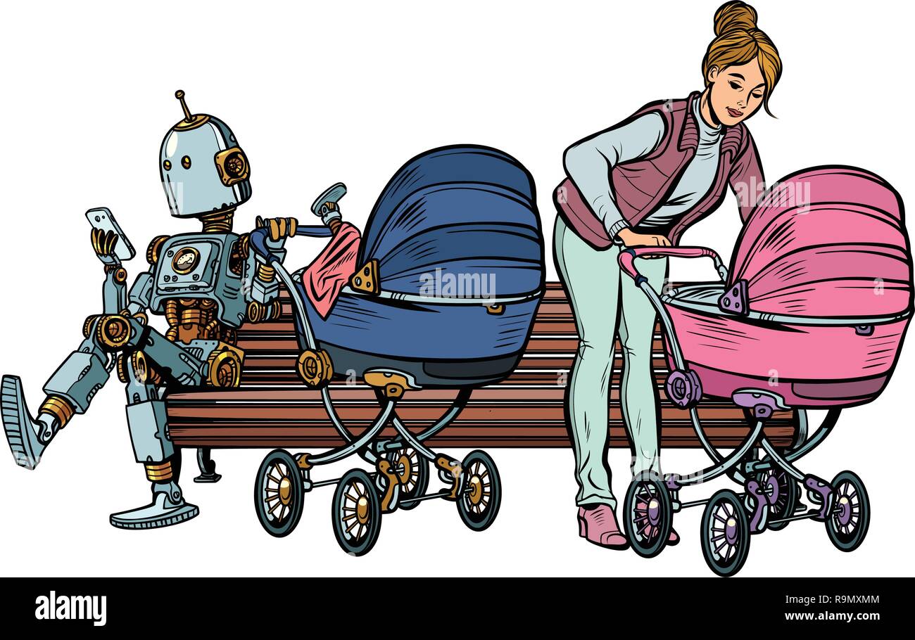 Giovane madre e del robot con un carrello di bambino, una panchina nel parco. La Pop art retrò illustrazione vettoriale kitsch vintage Illustrazione Vettoriale