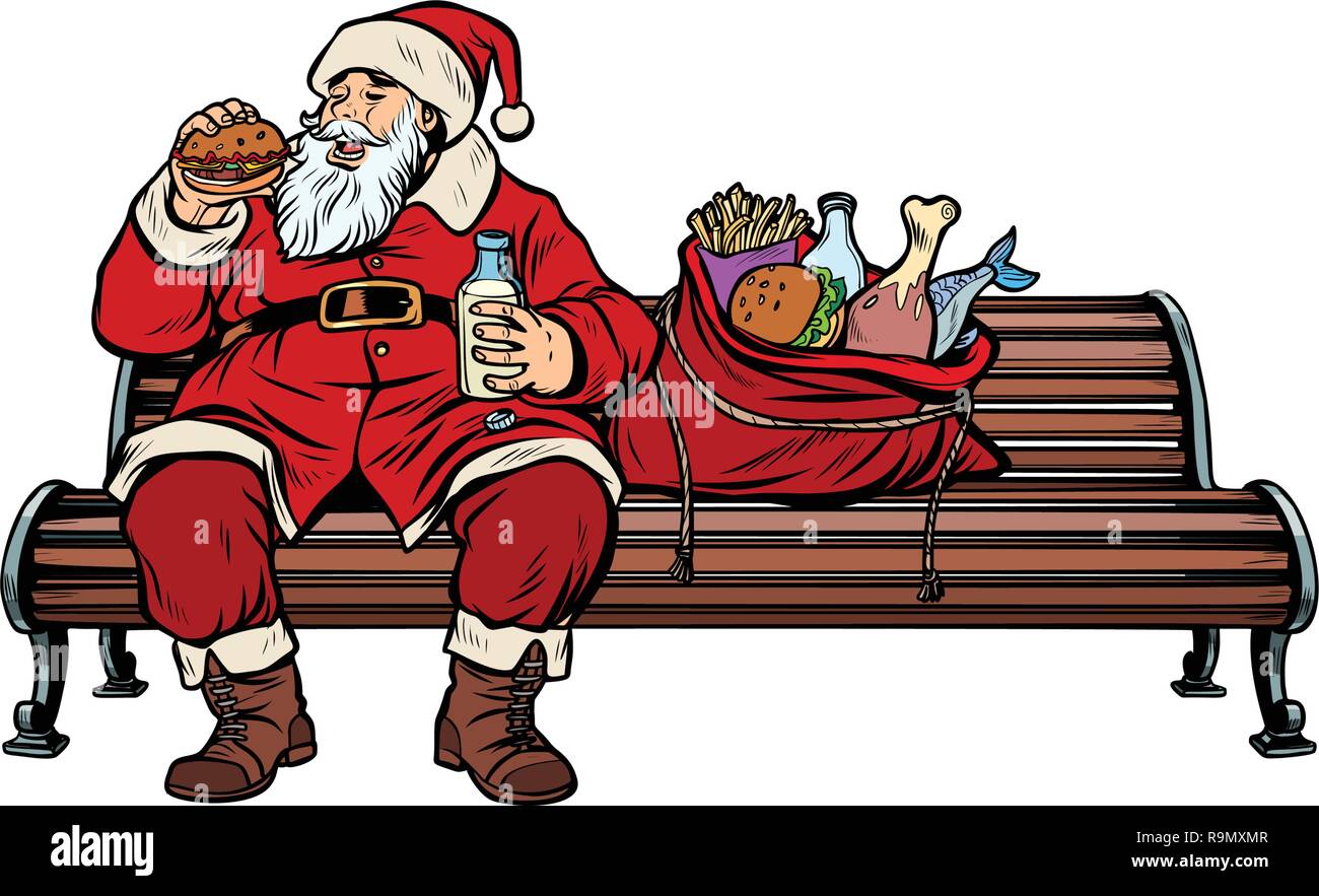 Santa Claus fame Mangiare su una panchina nel parco. La Pop art retrò illustrazione vettoriale kitsch vintage Illustrazione Vettoriale