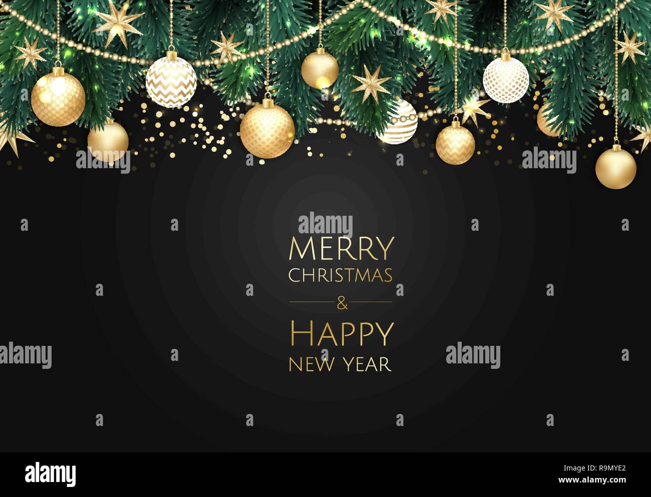 Buon Natale e Felice Anno Nuovo. Sfondo di natale con oro lucente di fiocchi di neve. Biglietto di auguri, vacanze banner, poster web Illustrazione Vettoriale