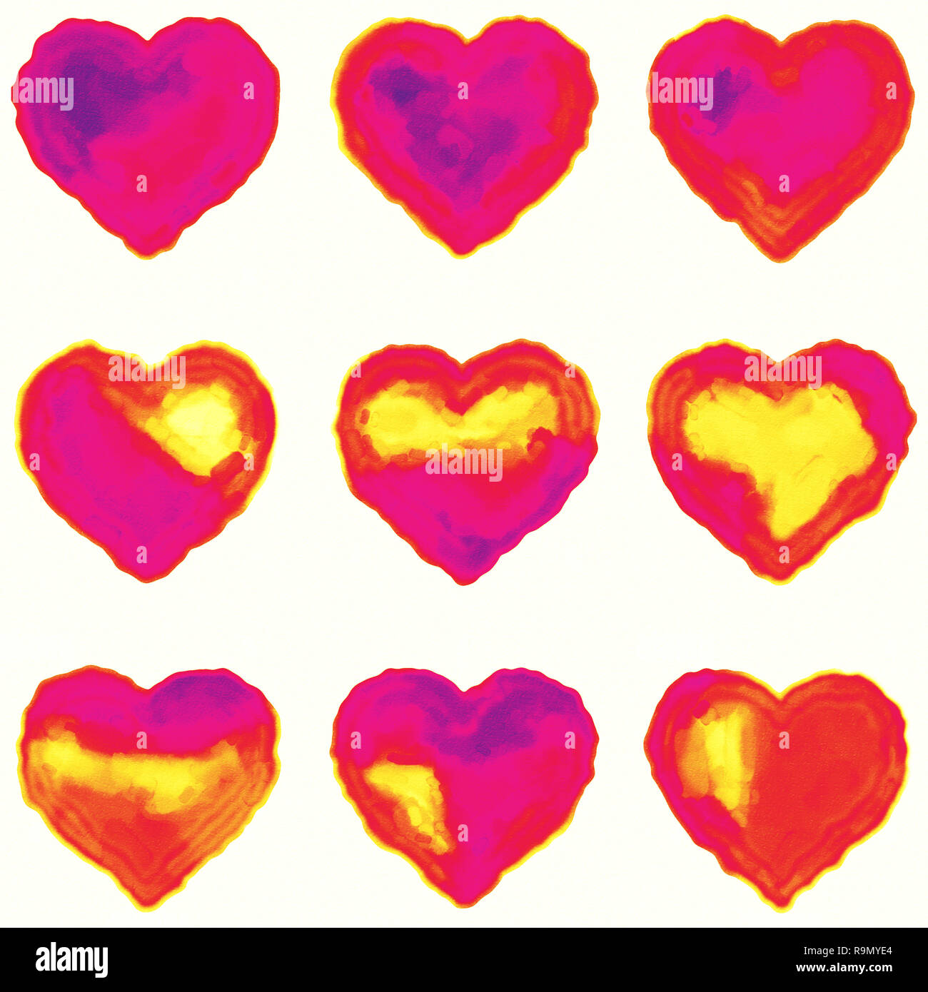 Set di 9 cuori colorati. Digital acquerello su carta bianca. Rosso, giallo e viola. Risorse grafiche per i progettisti. Foto Stock