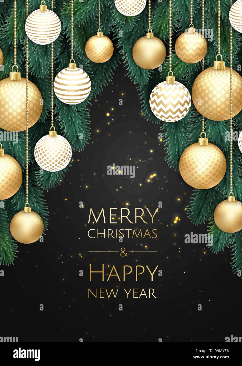 Buon Natale e Felice Anno Nuovo. Sfondo di natale con oro lucente di fiocchi di neve. Biglietto di auguri, vacanze banner, poster web Illustrazione Vettoriale