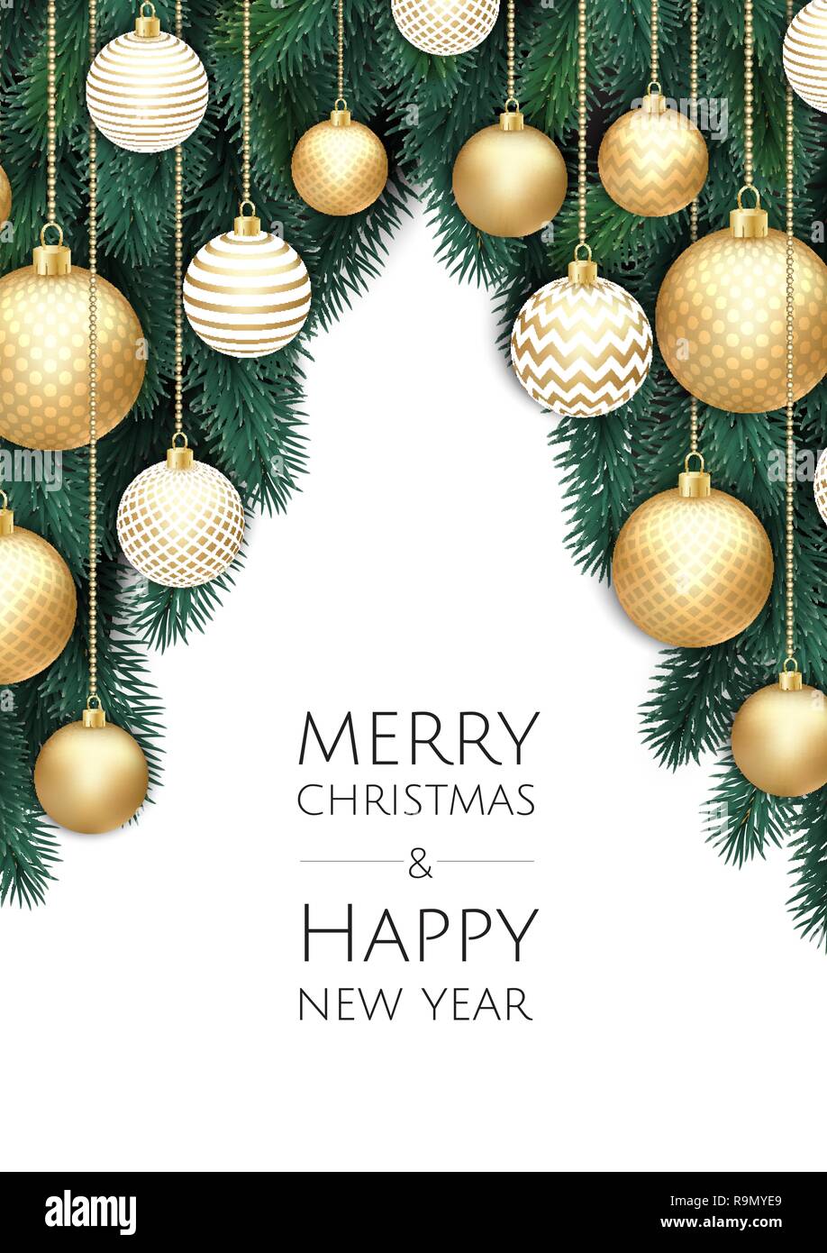 Buon Natale e Felice Anno Nuovo. Sfondo di natale con oro lucente di fiocchi di neve. Biglietto di auguri, vacanze banner, poster web Illustrazione Vettoriale