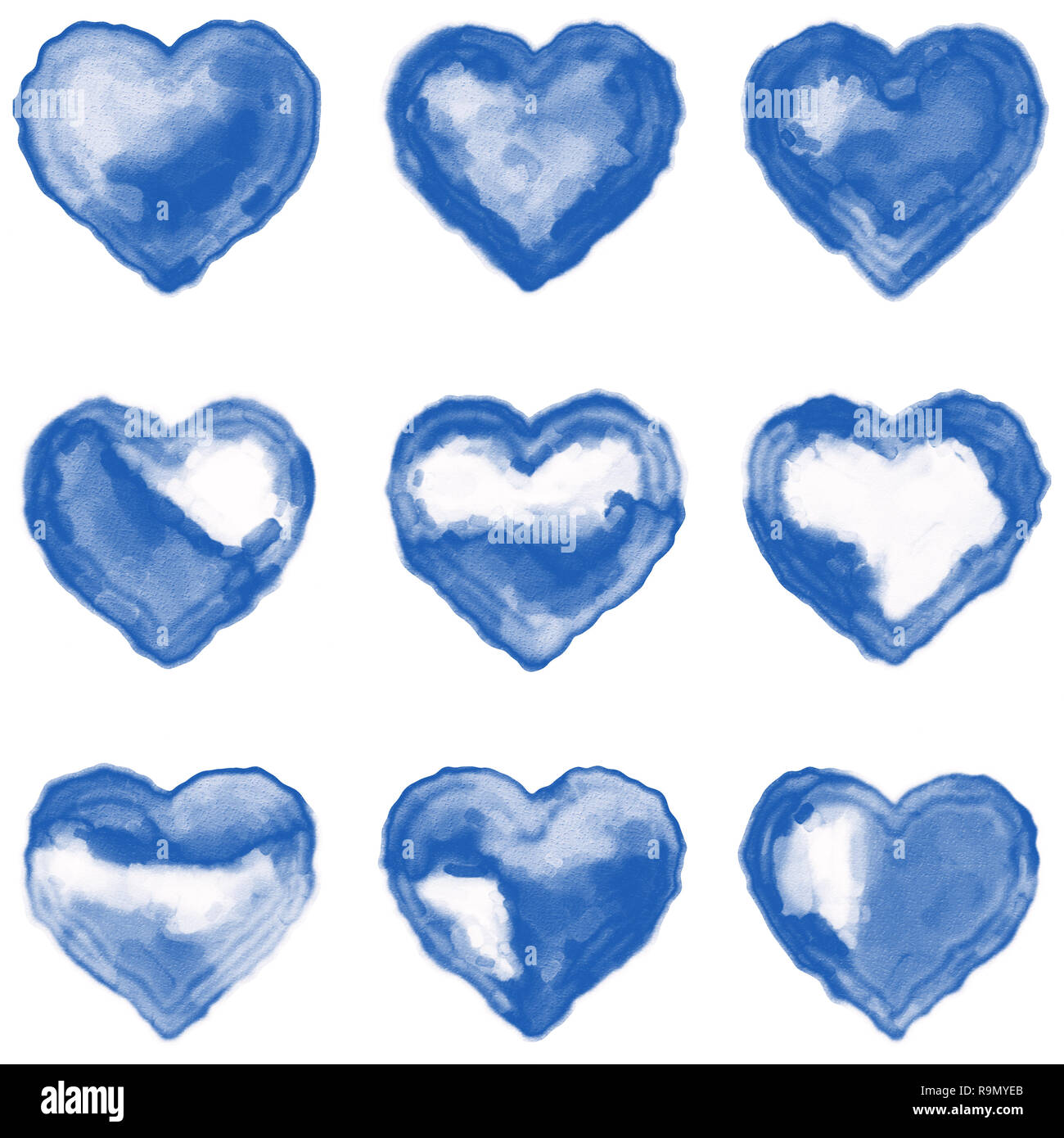 Set di 9 cuori colorati. Digital acquerello su carta bianca. Luce blu e bianco. Risorse grafiche per i progettisti. Foto Stock