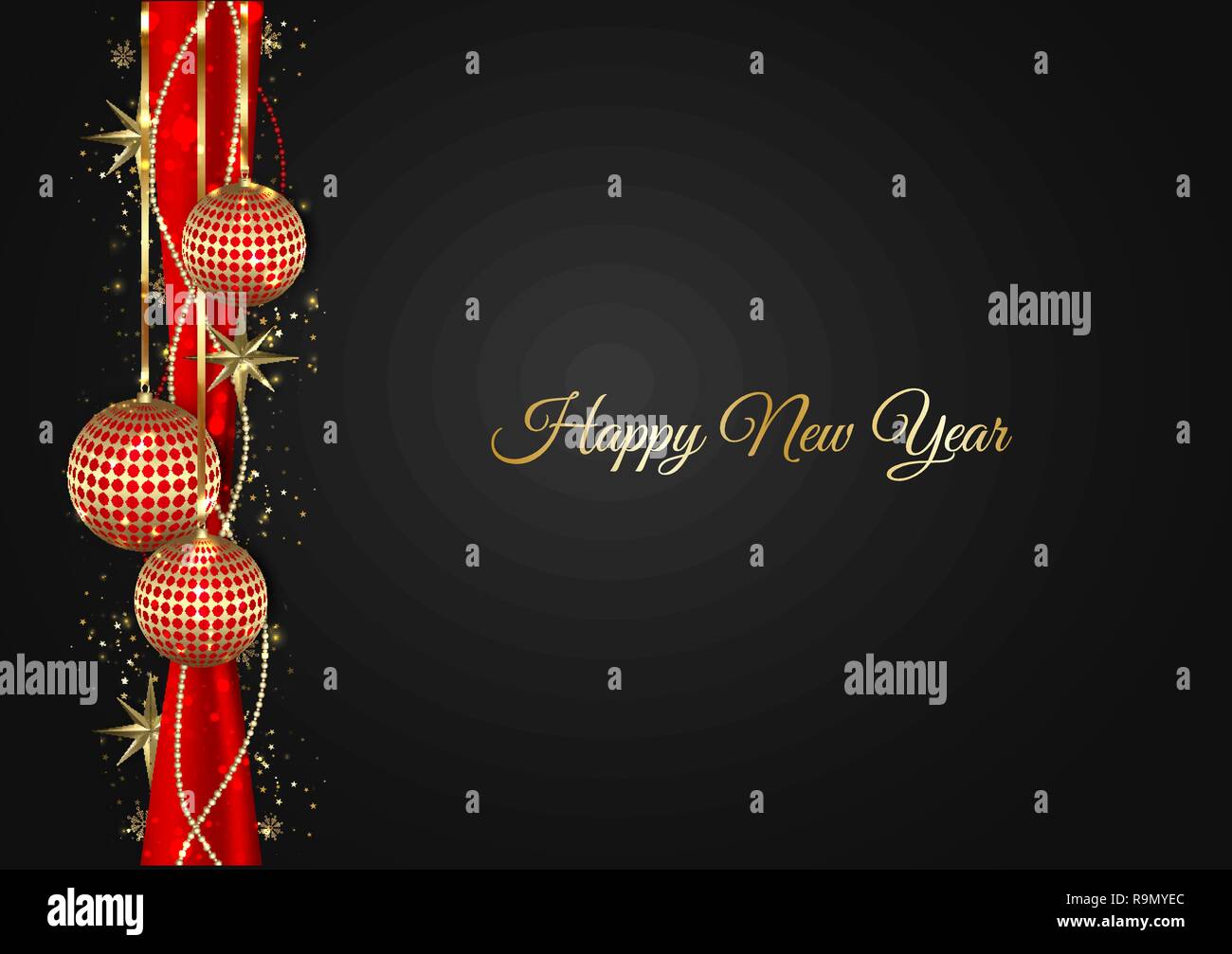 Buon Natale e Felice Anno Nuovo. Sfondo di natale con oro lucente di fiocchi di neve. Biglietto di auguri, vacanze banner, poster web Illustrazione Vettoriale