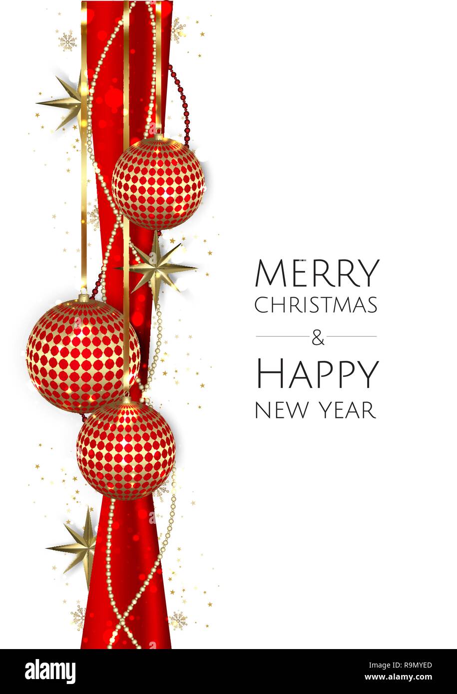 Buon Natale e Felice Anno Nuovo. Sfondo di natale con oro lucente di fiocchi di neve. Biglietto di auguri, vacanze banner, poster web Illustrazione Vettoriale