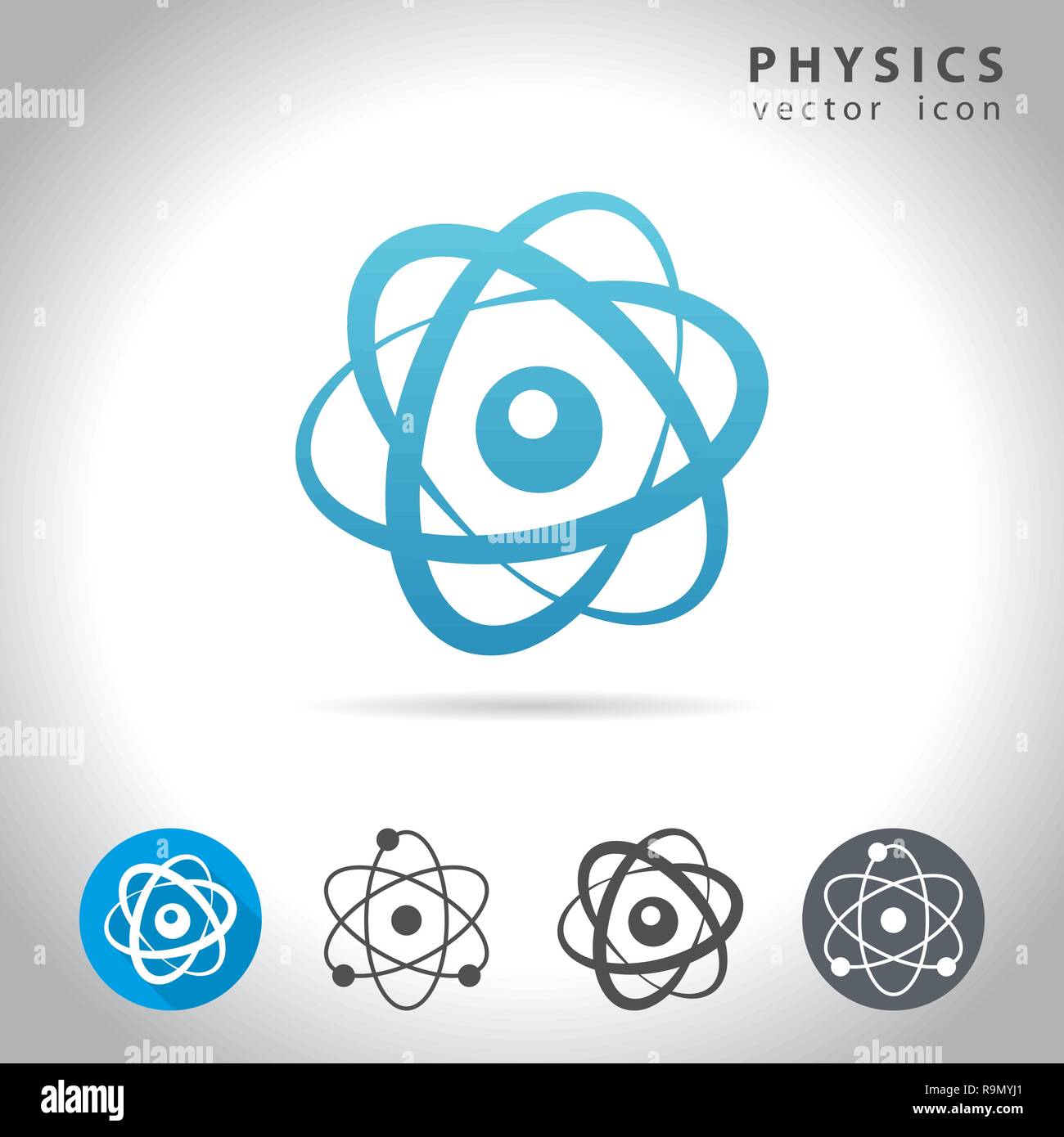Icona di fisica impostata, la raccolta di icone di atomo, illustrazione vettoriale Illustrazione Vettoriale