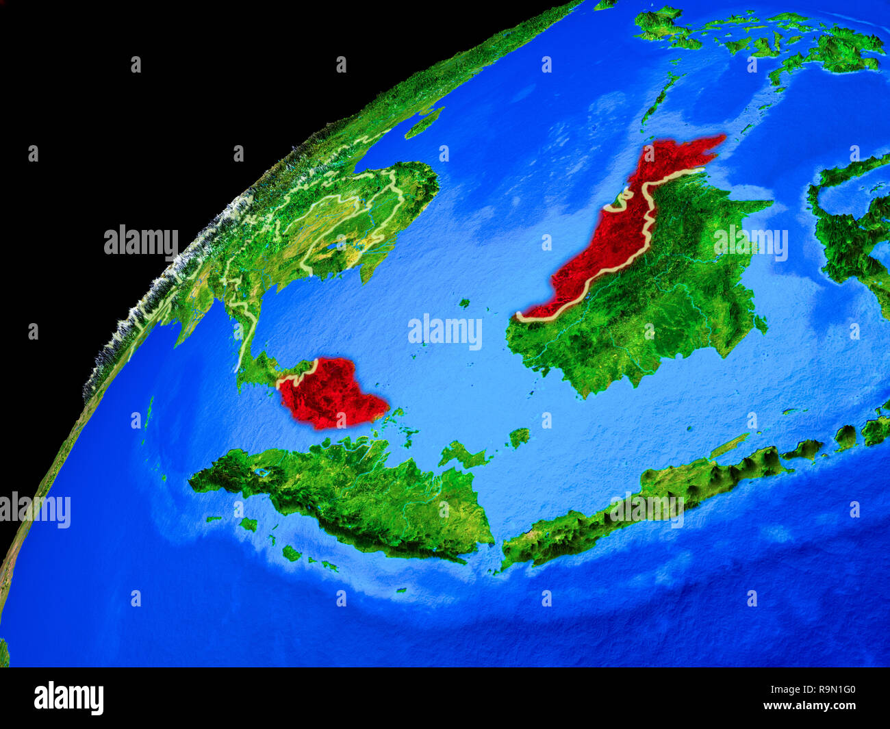 Malaysia da spazio. Il pianeta terra con i confini del paese ed estremamente elevato dettaglio del pianeta superficie. 3D'illustrazione. Gli elementi di questa immagine arredate Foto Stock