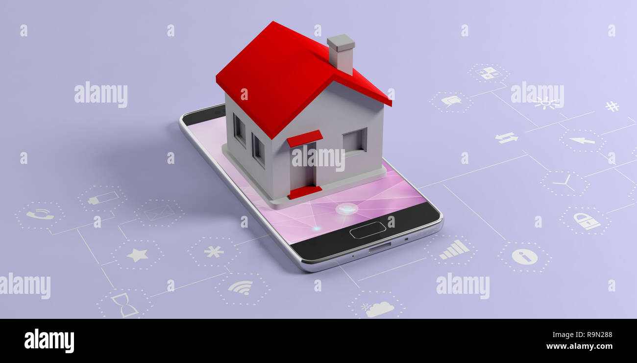 IOT, smart home concetto. Piccola casa con il tetto rosso su un telefono cellulare, sfondo blu con applicazioni di segni. 3d illustrazione Foto Stock