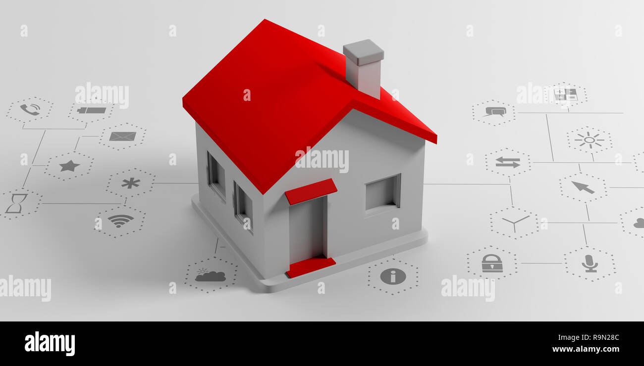 IOT, smart home concetto. Piccola casa con il tetto rosso su sfondo bianco con applicazioni di segni. 3d illustrazione Foto Stock