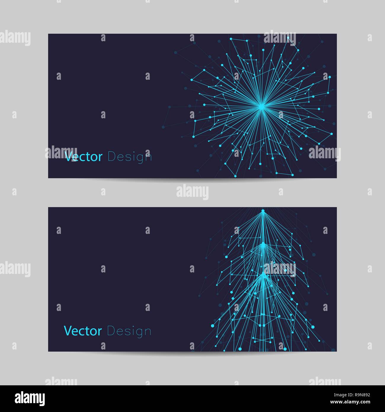 Set di Banner orizzontale. Abstract il simbolo del fiocco di neve e ad abete fatta di linee collegate e punti Illustrazione Vettoriale