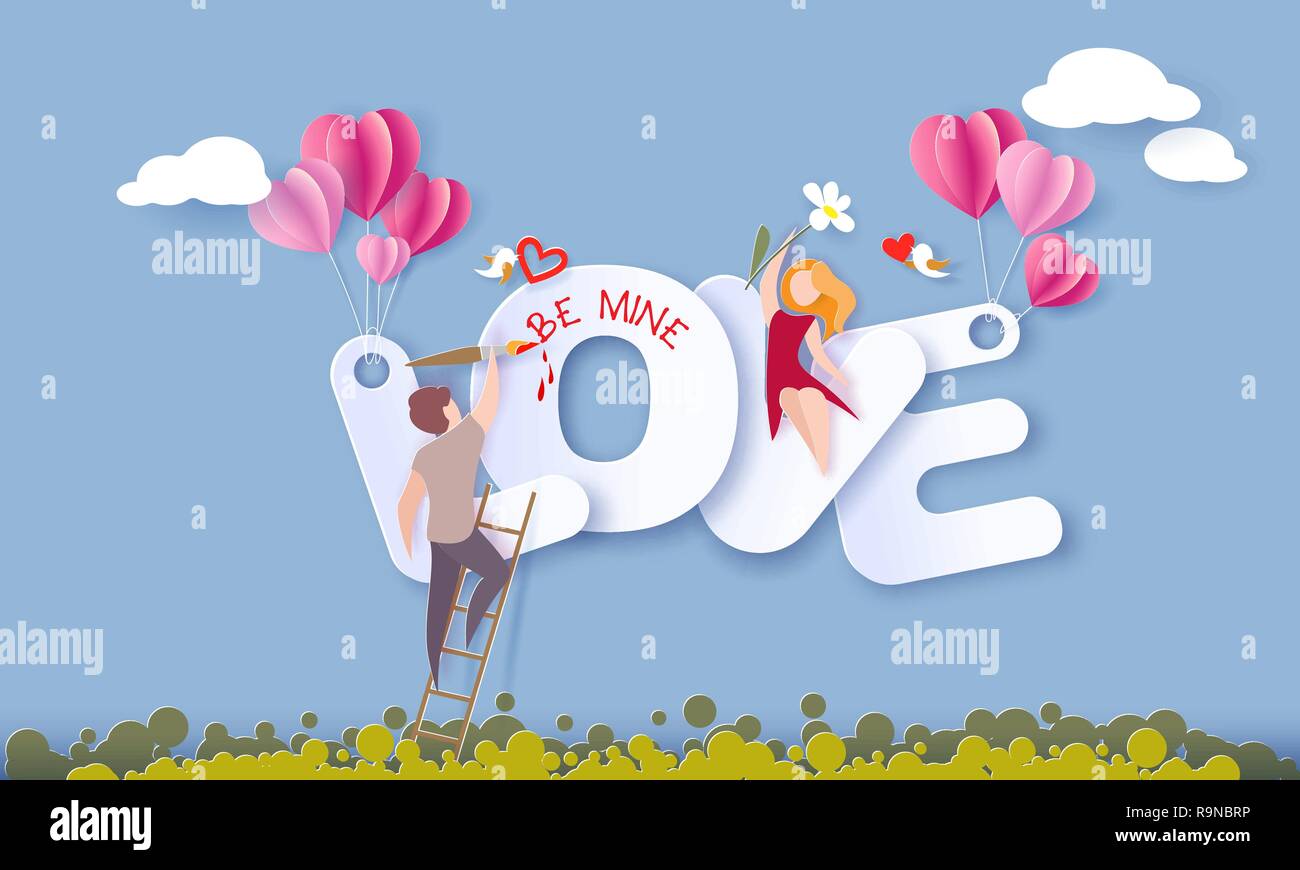 Valentines Day card con giovane seduto su grandi lettere di amore con aria palloncini e pittura su cielo blu sullo sfondo. Carta vettoriale arte illustrazione. Carta tagliata e stile di artigianato. Illustrazione Vettoriale