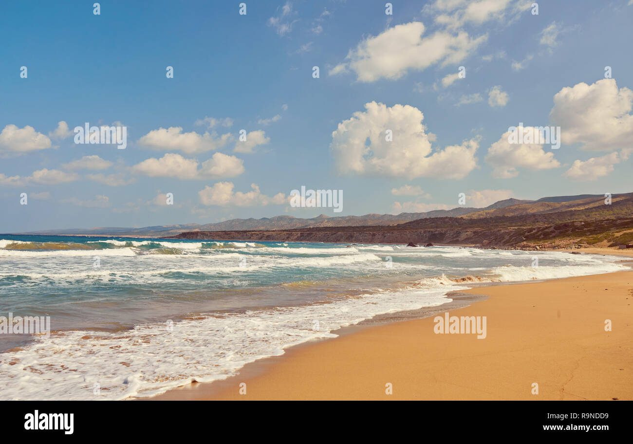 Bellissima spiaggia selvaggia con turchesi acque cristalline e onde. Lara Beach, Cipro. Foto Stock