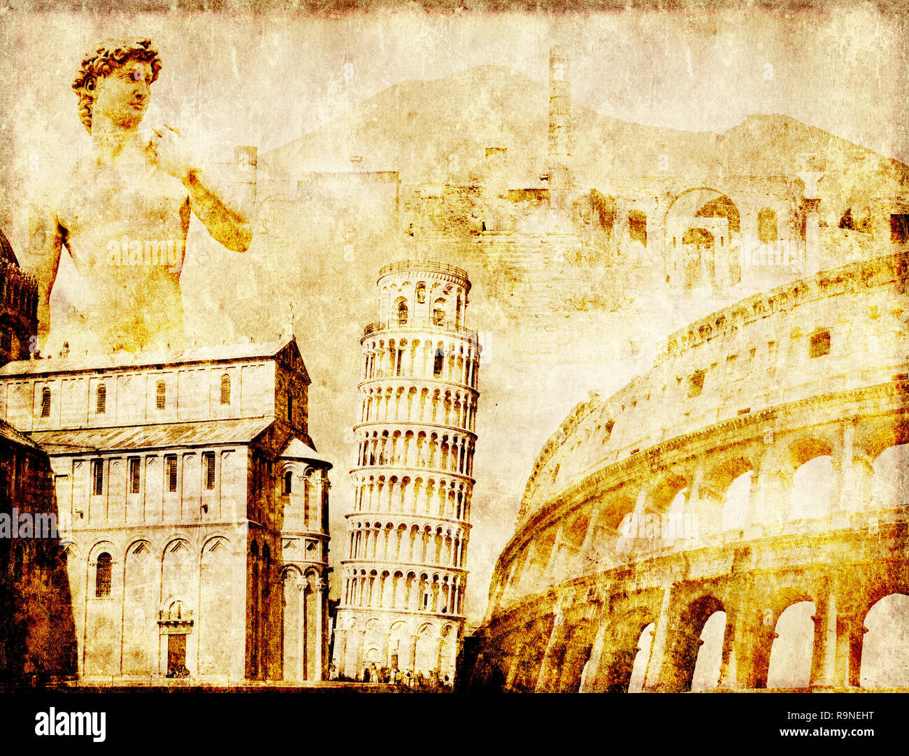 Grunge sfondo con trama della carta e i punti di riferimento di Italia - vulcano Vesuvio, Torre Pendente di Pisa, Colosseo, il David di Michelangelo Foto Stock