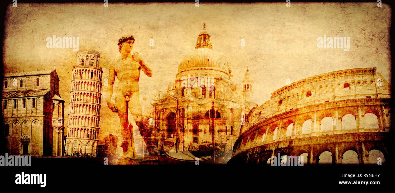 Grunge sfondo con trama della carta e i punti di riferimento di Italia - vulcano Vesuvio, Torre Pendente di Pisa, Colosseo, il David di Michelangelo Foto Stock