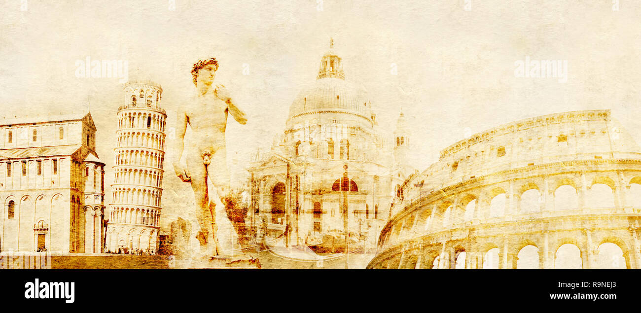 Grunge sfondo con trama della carta e i punti di riferimento di Italia - vulcano Vesuvio, Torre Pendente di Pisa, Colosseo, il David di Michelangelo Foto Stock