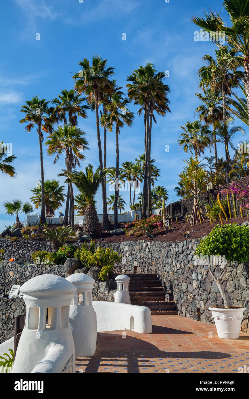COSTA ADEJE, TENERIFE - APRILE 8,2014: bel lungomare vicino a Hotel Jardin Tropical in Costa Adeje a Tenerife, Isole Canarie, Spagna. Promenade - pop Foto Stock