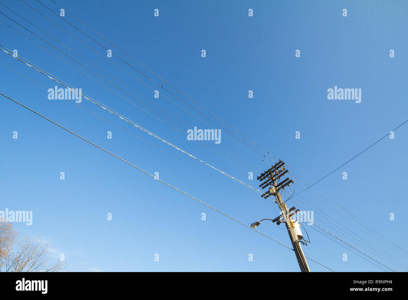 Elettrico e telefonico della linea di alimentazione, vecchie e obsolete, su un marcio palo di legno rispettando gli standard nord americani, nella città di Ottawa, Ontario, può Foto Stock