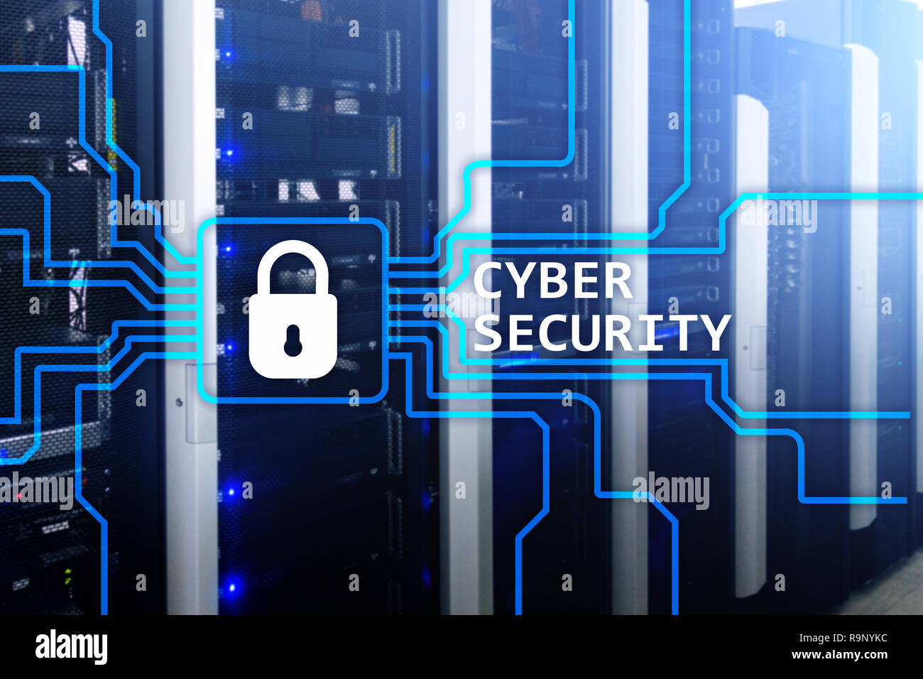 Cyber security, informazioni privacy e protezione dei dati concetto sulla sala server sfondo. Foto Stock