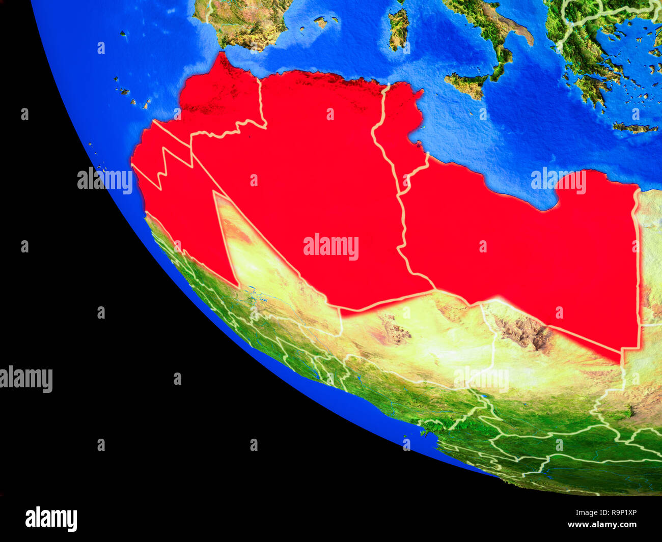 Regione del Maghreb sul modello realistico del pianeta Terra con i confini e molto dettagliata della superficie pianeta. 3D'illustrazione. Gli elementi di questa immagine furni Foto Stock