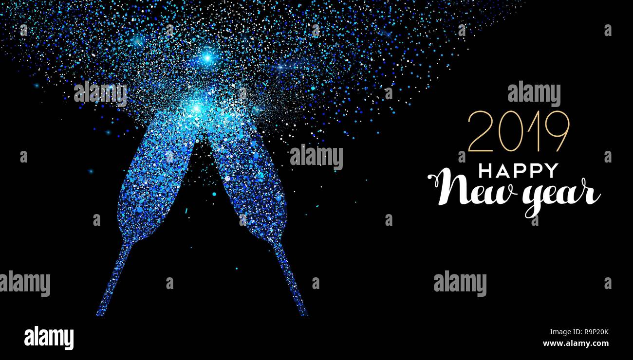 Anno nuovo luxury greeting card illustrazione, partito brindisi di vetro fatto di blu glitter texture nera su sfondo di mezzanotte con testo vacanze preventivo. Illustrazione Vettoriale