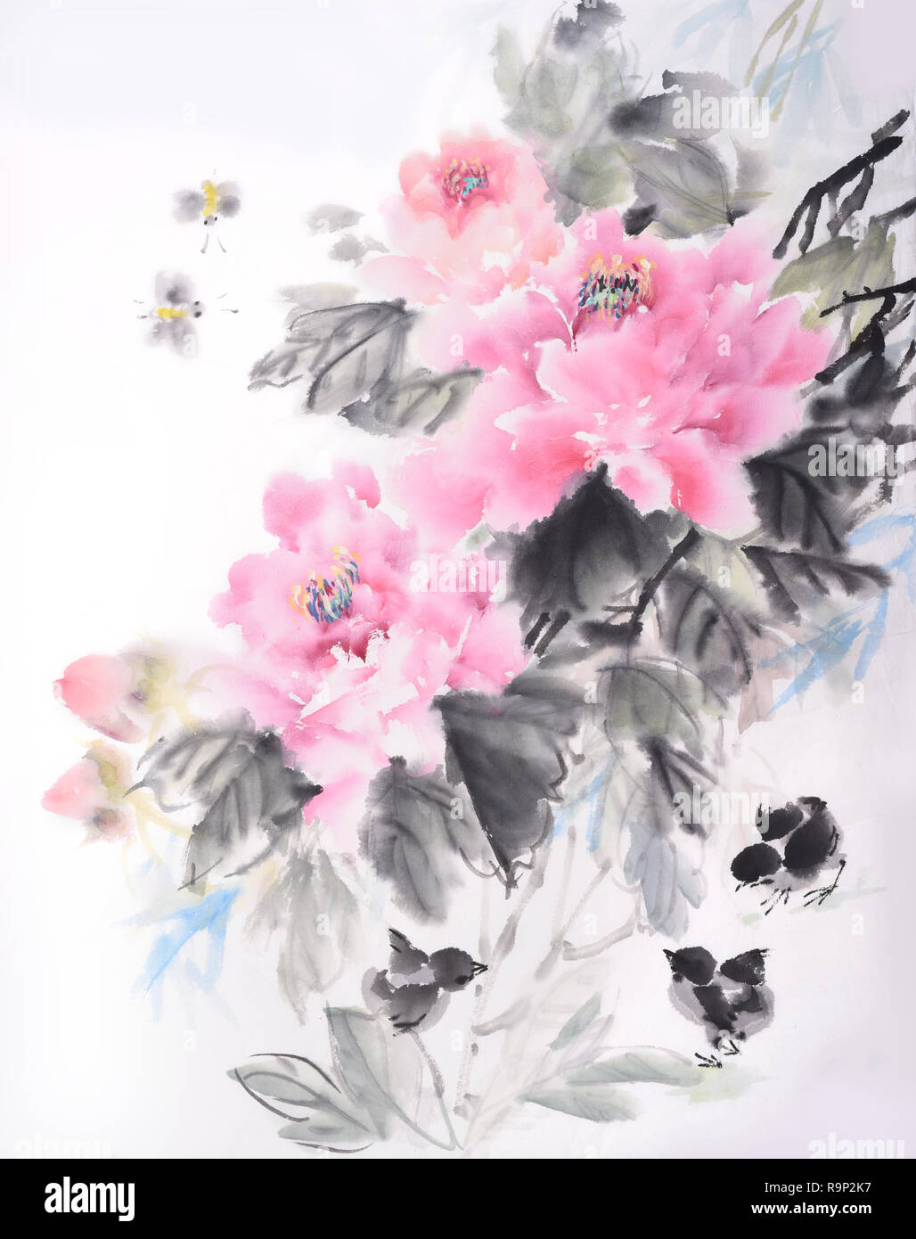 Pittura cinese della peonia fiore,inchiostro tradizionale e lavare il disegno. Foto Stock
