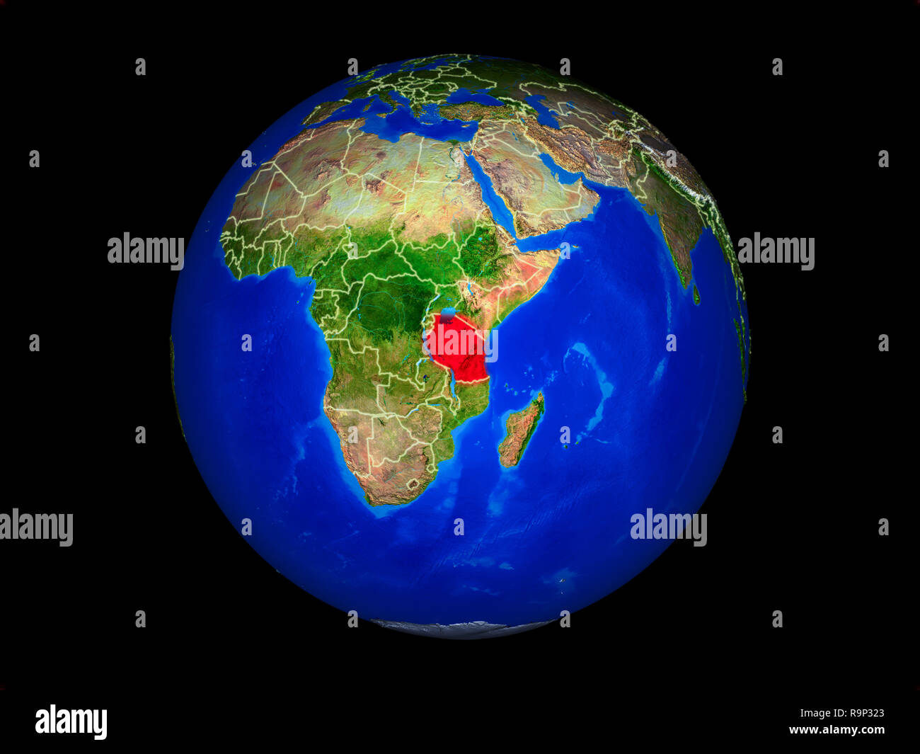 Tanzania sul pianeta il pianeta Terra con i confini. Estremamente dettagliato pianeta superficie. 3D'illustrazione. Gli elementi di questa immagine fornita dalla NASA. Foto Stock