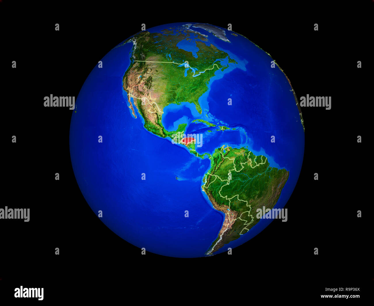 Honduras sul pianeta il pianeta Terra con i confini. Estremamente dettagliato pianeta superficie. 3D'illustrazione. Gli elementi di questa immagine fornita dalla NASA. Foto Stock