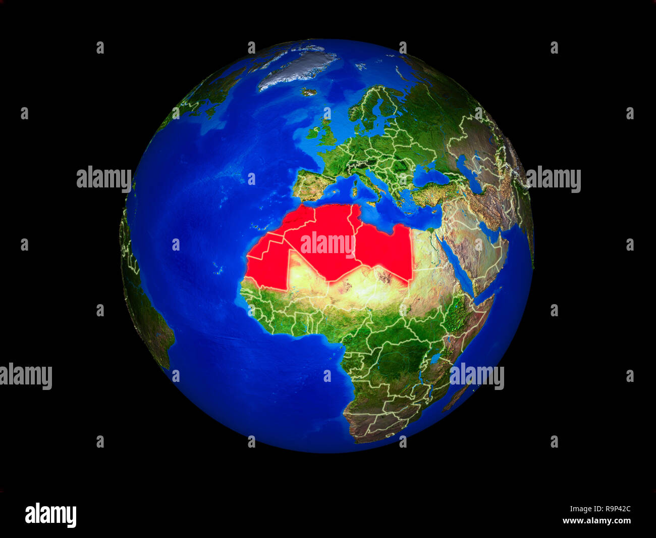 Regione del Maghreb sul pianeta il pianeta Terra con i confini. Estremamente dettagliato pianeta superficie. 3D'illustrazione. Gli elementi di questa immagine fornita da NA Foto Stock