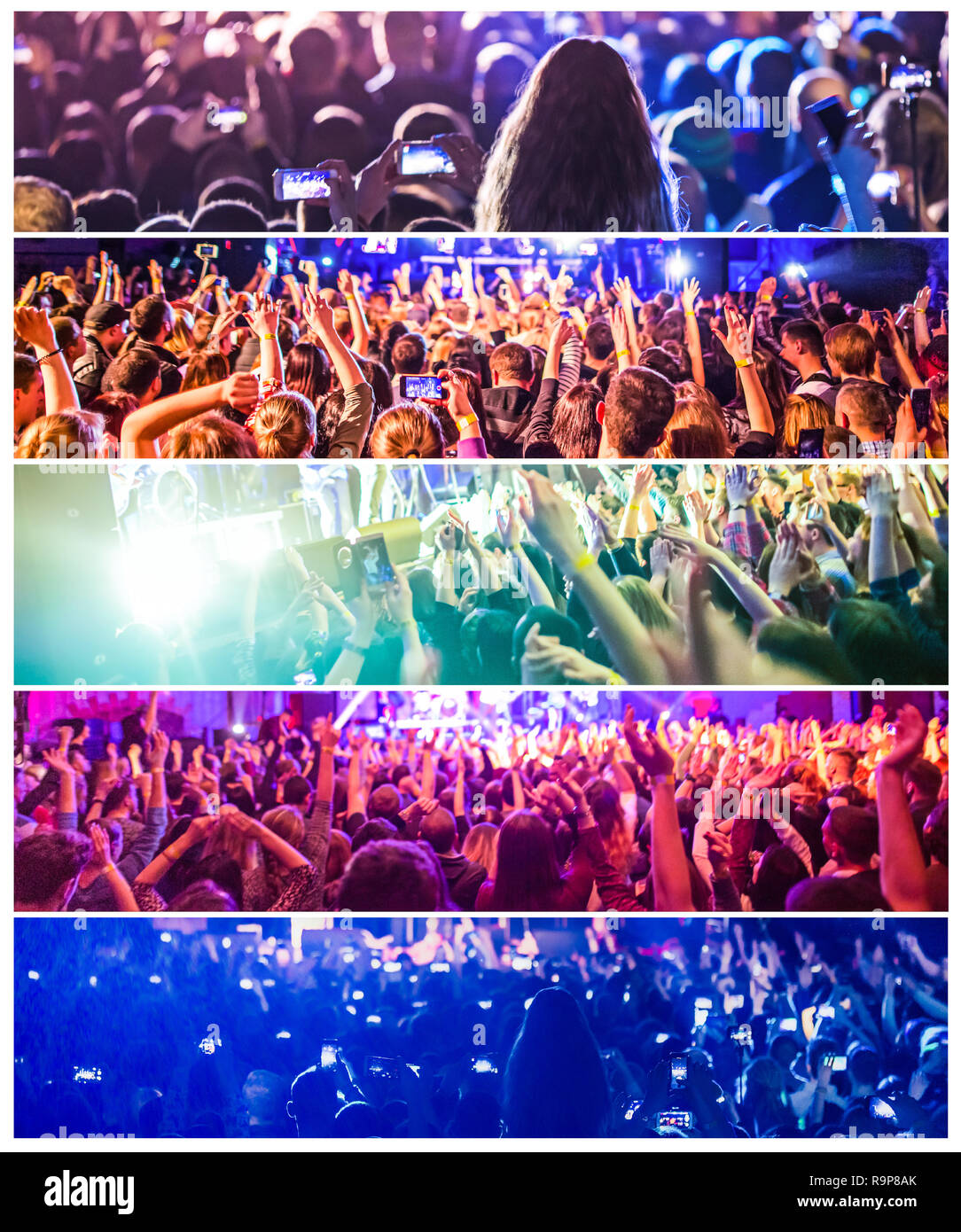 Concerto rock, sagome di persone contente e alzando le mani. Collage. La musica, party, eventi, festival, danza, di intrattenimento e di un nightclub concept Foto Stock