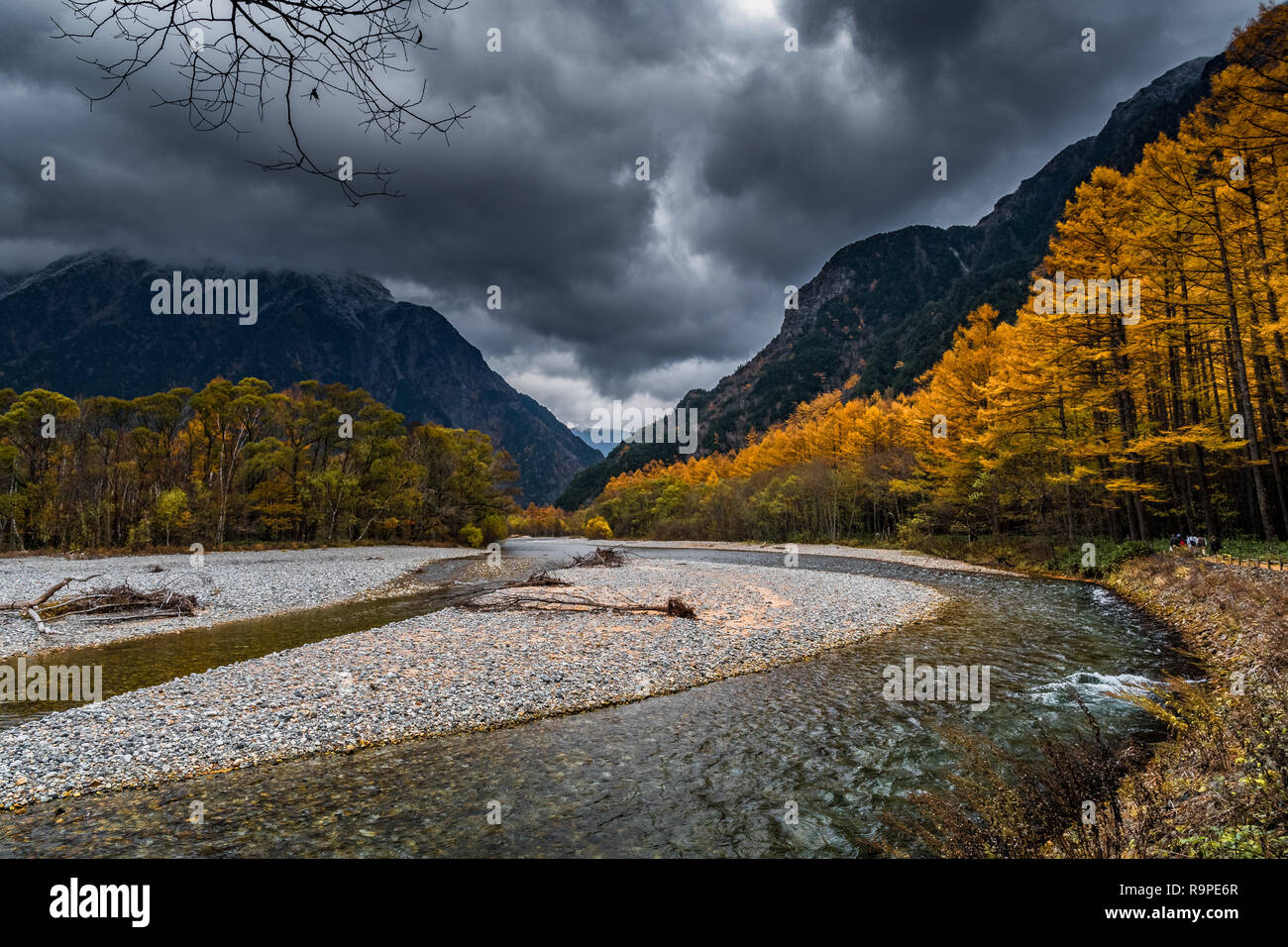 Ansa del Fiume di Azusa in Kamikochi in autunno, Alpi Giapponesi, Chubu Sangaku National Park Foto Stock