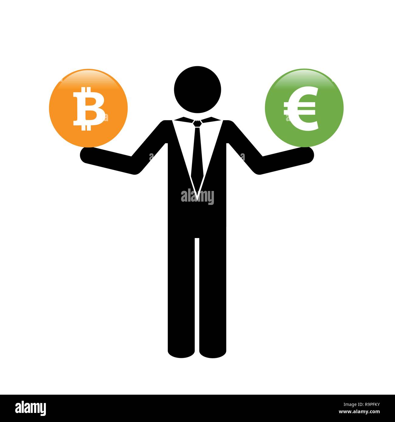 Imprenditore con bitcoin e pulsanti di euro pittogramma illustrazione vettoriale EPS10 Illustrazione Vettoriale