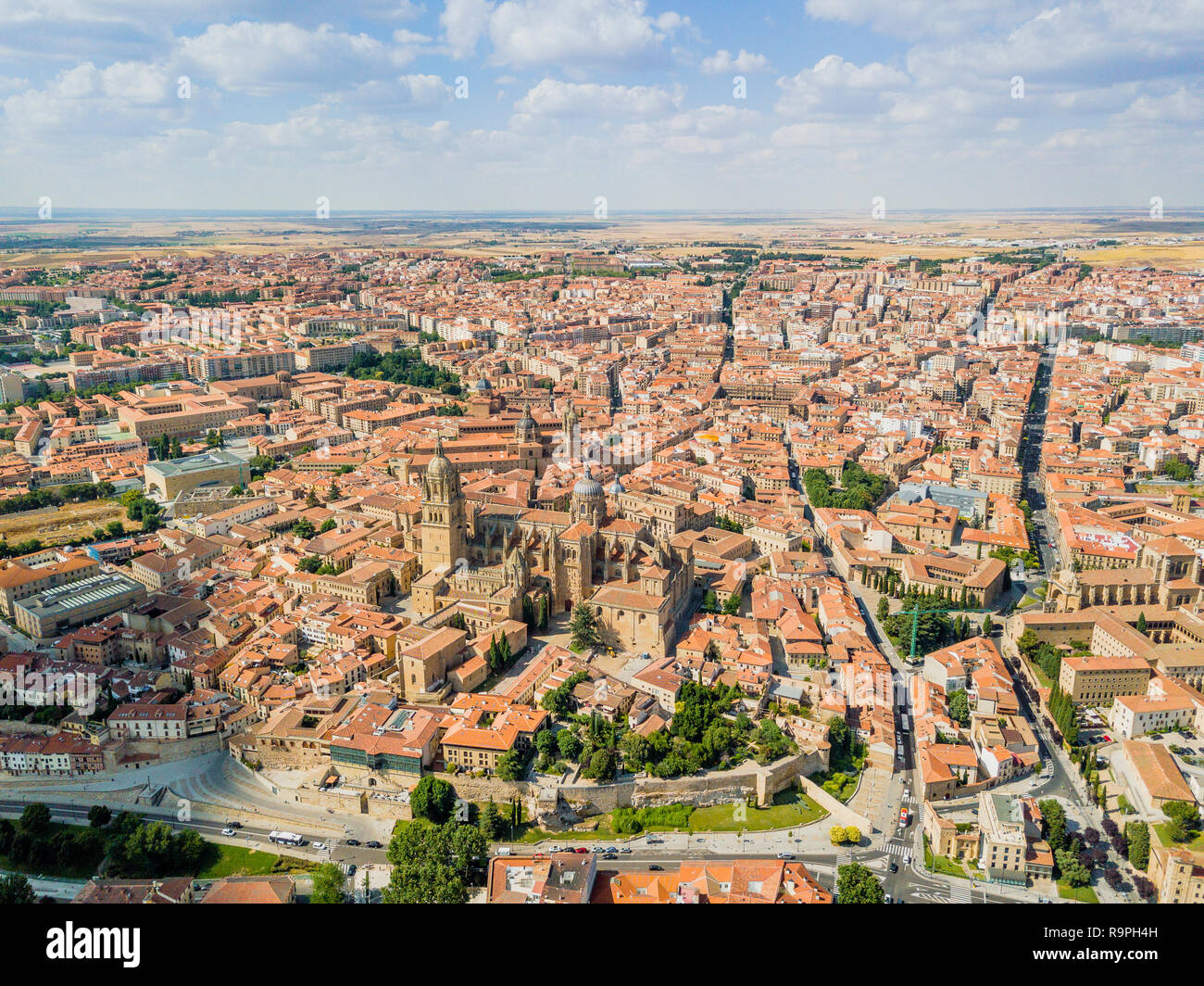 Vista aerea di Salamanca con la nuova e la vecchia cattedrale in primo piano, Spagna Foto Stock