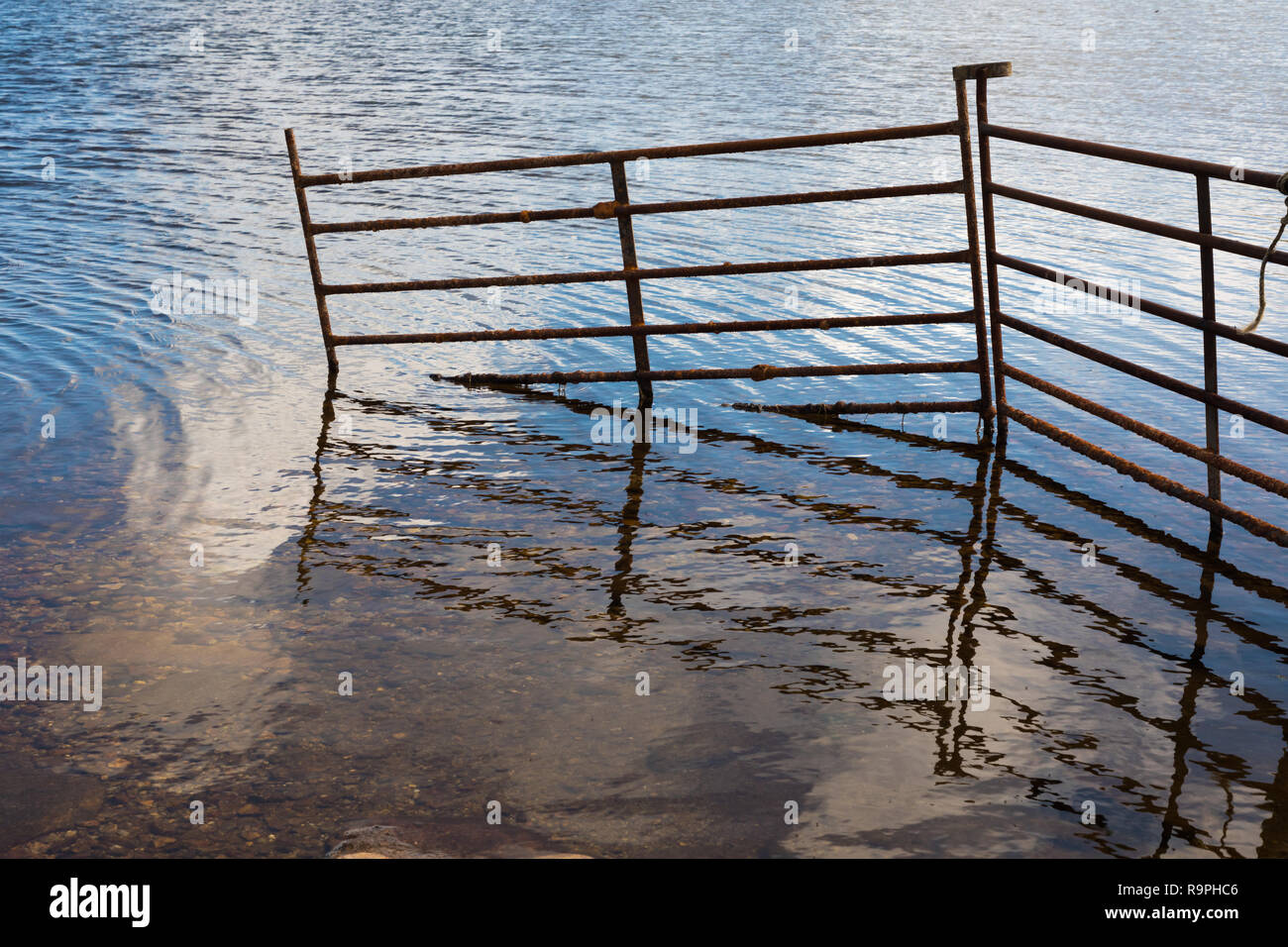 Recinzione in disuso porta in un piccolo lago sul Fetlar Foto Stock