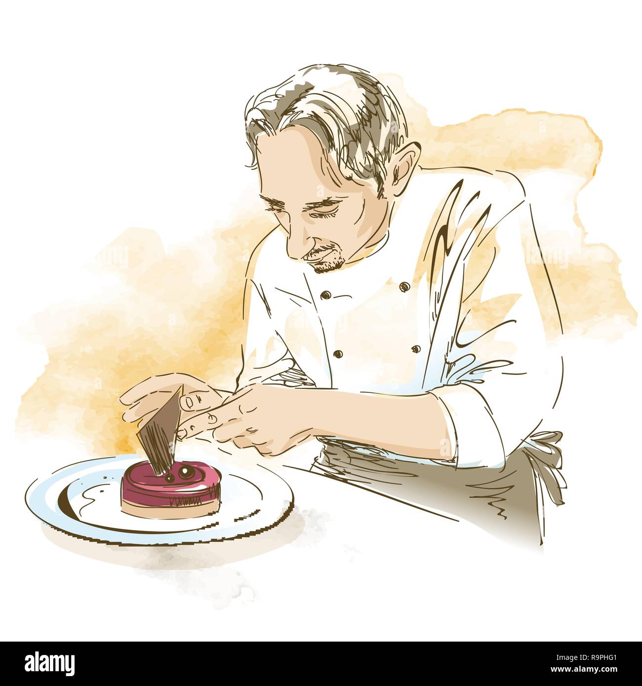 Pastry chef cucinare deserto. Disegnata a mano illustrazione vettoriale su acquerello artistico dello sfondo. Illustrazione Vettoriale